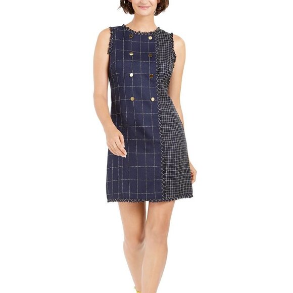 JULIA JORDON Navy Tweed Grid Pattern Shift Dress NWT 14 - Picture 1 of 15